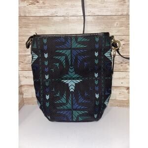 Lucky Brand Asha Tribal Aztec Black Embroidered Tapestry Bucket Crossbody Bag
